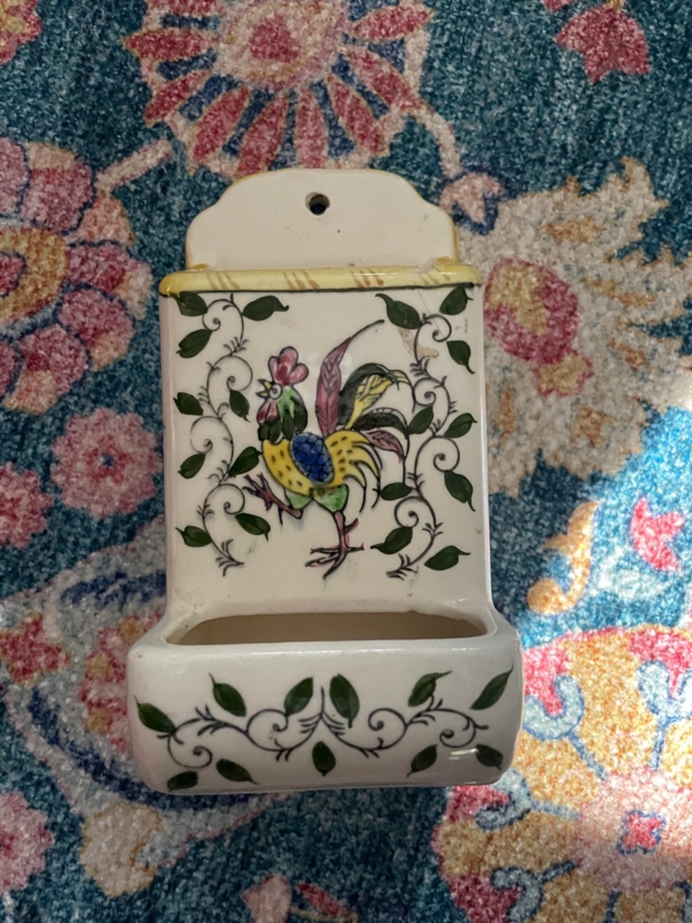 Vintage Hand-Painted Ceramic Wall matchbox holder with Colorful Rooster